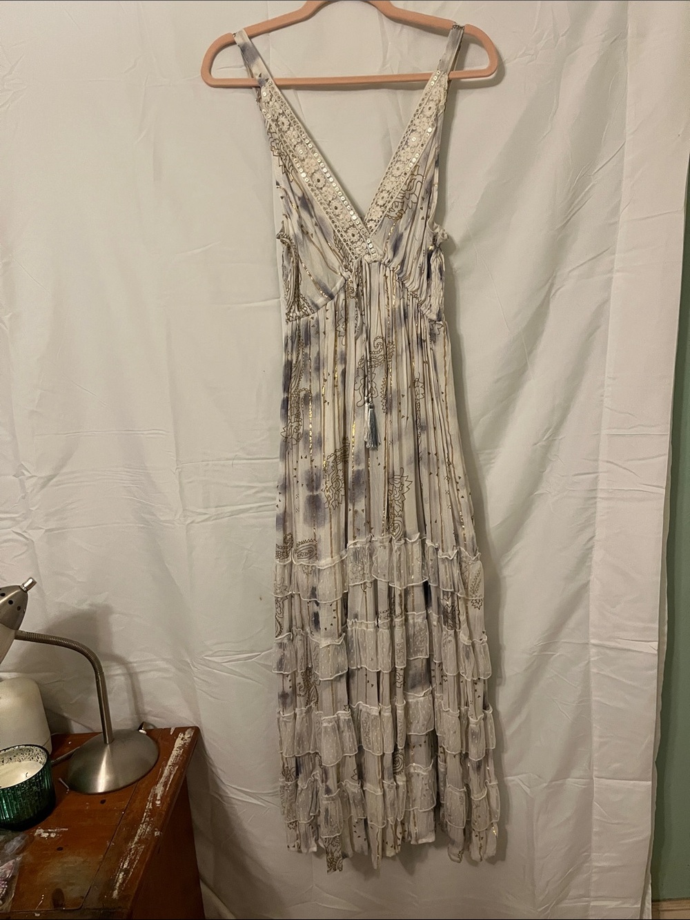 Embellished V-Neck White Floral Tiered Maxi Dress